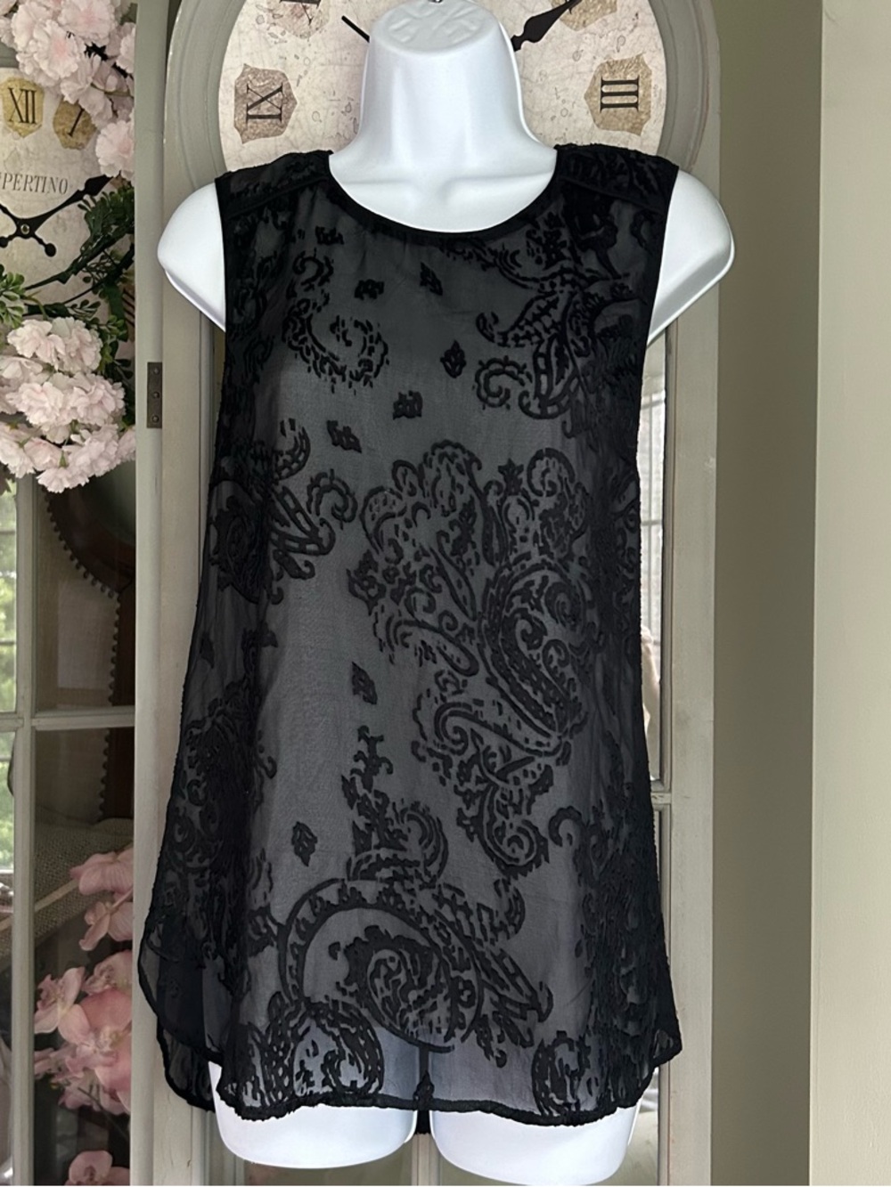 BLACK RAINN Black Soft Lace Tunic Top Blouse Sleeveless Lined Size L